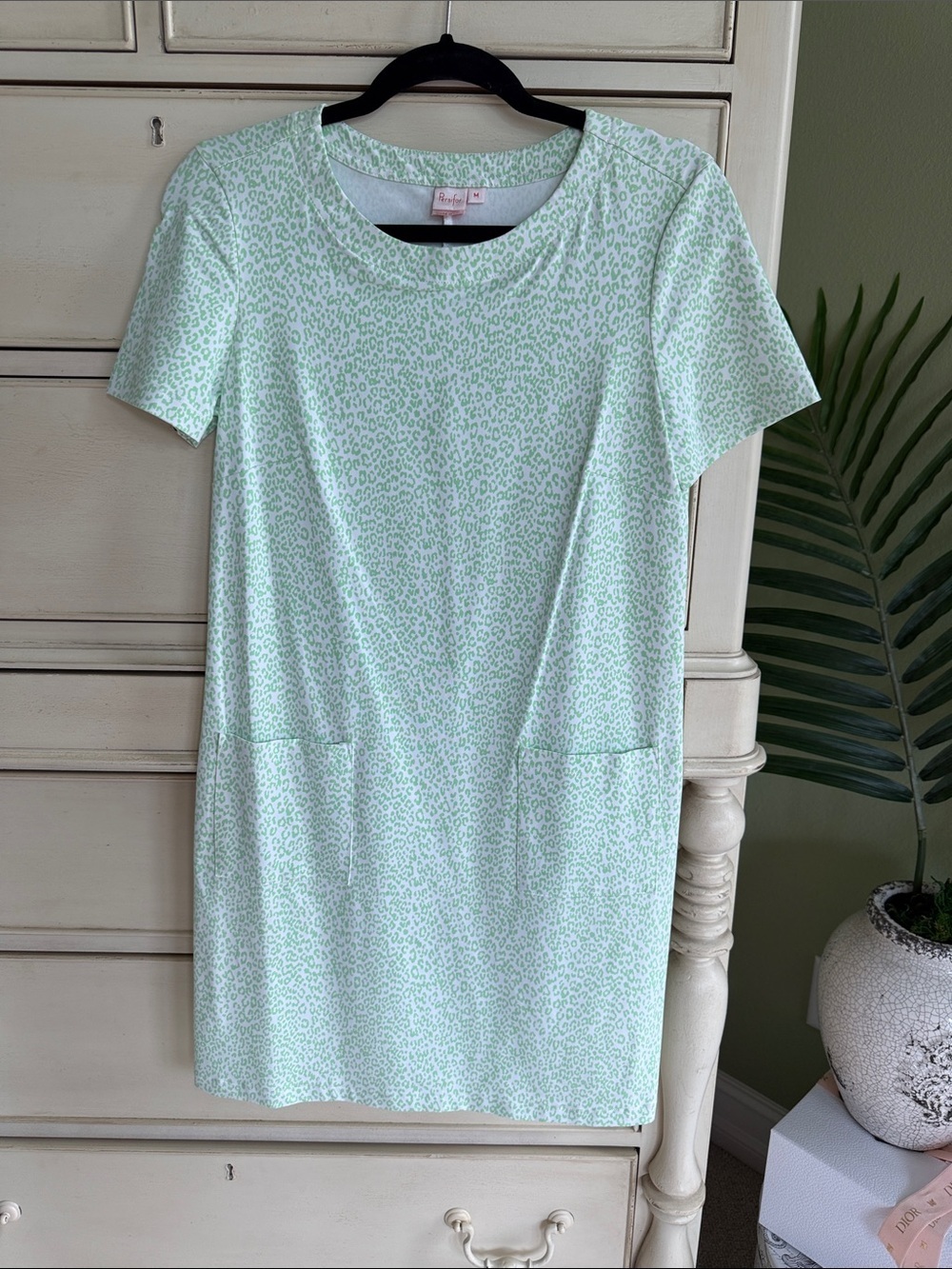 Persifor Mint Leopard Print Shift Dress with Pockets M